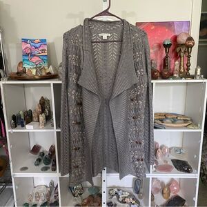 Chunky grey wool blend open front beaded & ribbon detail cardigan COLDWATER
